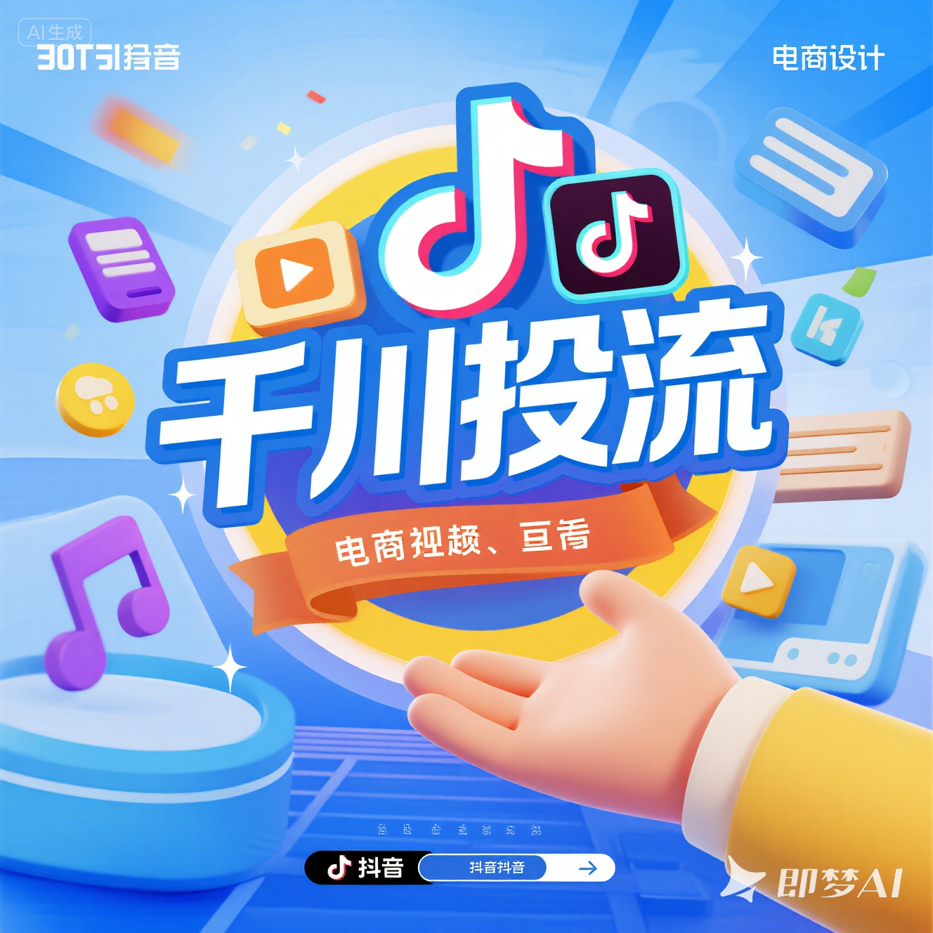 jimeng-2025-08-14-4161-电商风格，背景突出抖音的特点，就写，千川投流.png